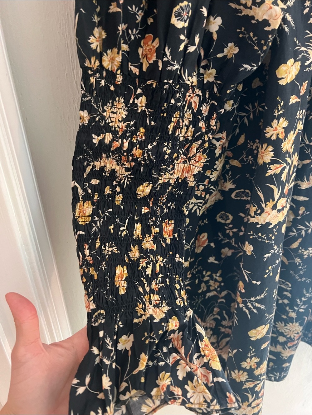 Doen Black Floral Smocked Mini Dress with Pink & Cream Blooms - Picture 2 of 6